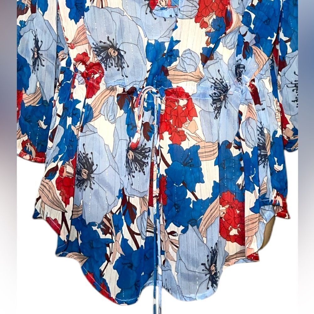 Liz Claiborne Boho Blue Floral Print Top Blouse Size L Glitter String Tie Front - Picture 4 of 7